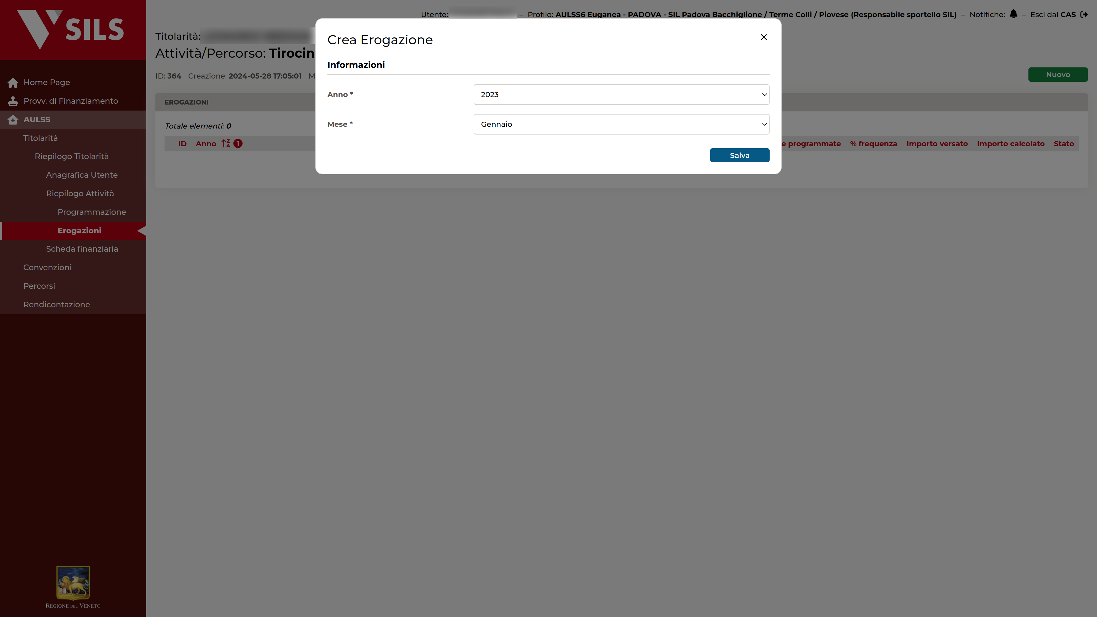 Modal di creazione erogazione
