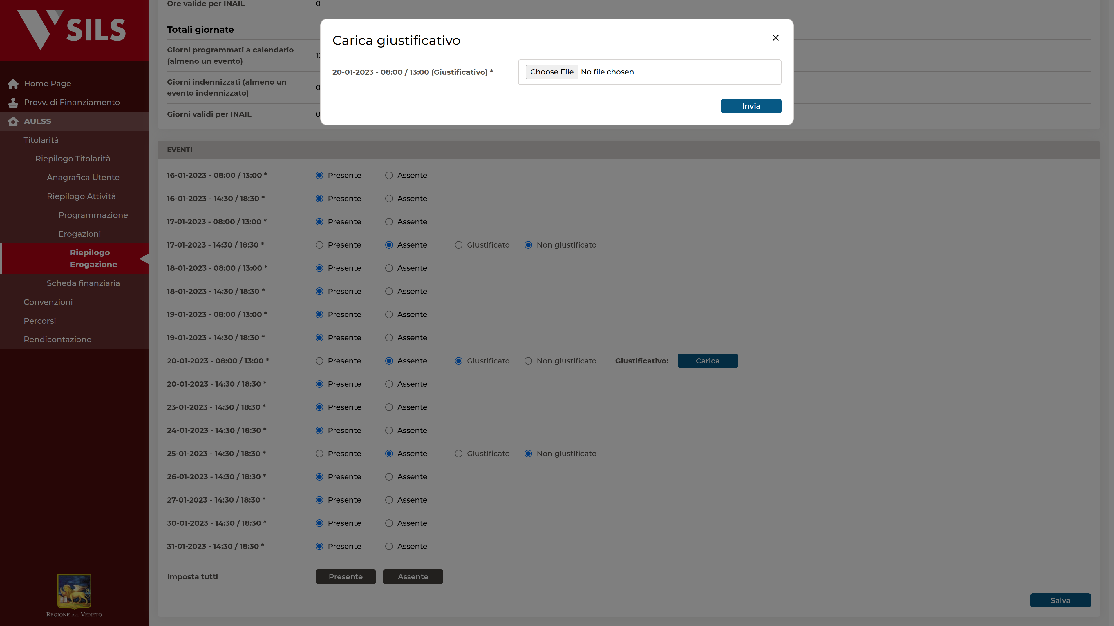 Modal di upload giustificativo assenza